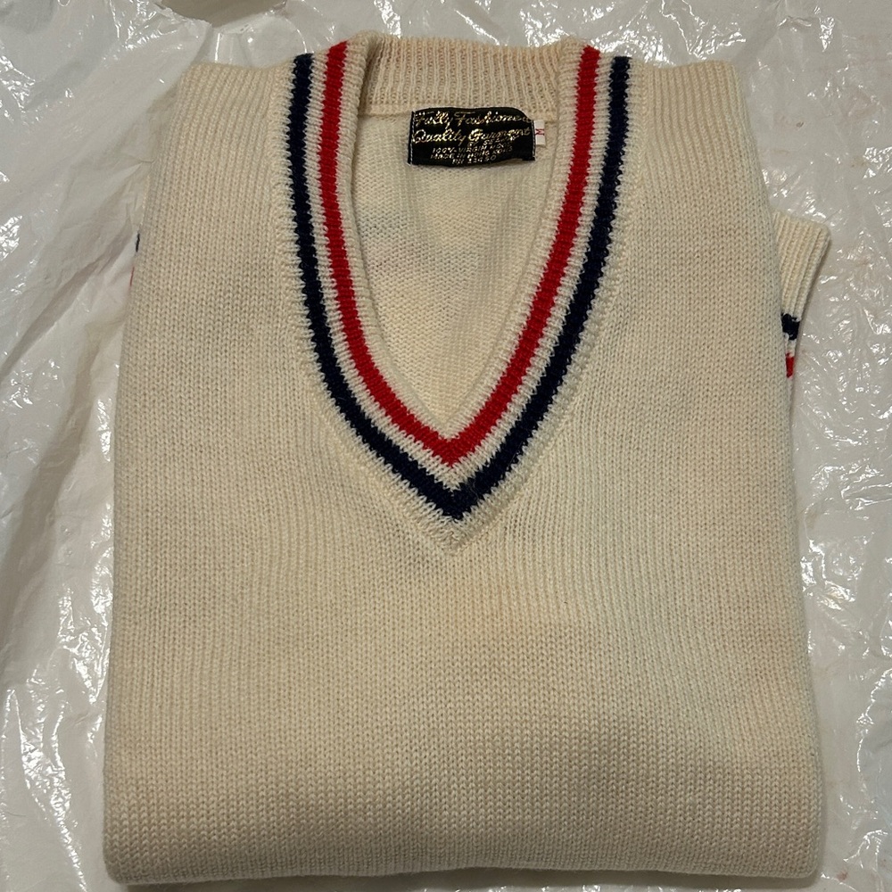 Classic V-Neck Tennis Sweater with Red and Blue Accents